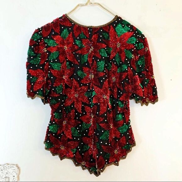 Vintage Laurence Kazar Holiday Beaded Sequin Red Poinsettia Black SILK Top SZS/M - Picture 4 of 4